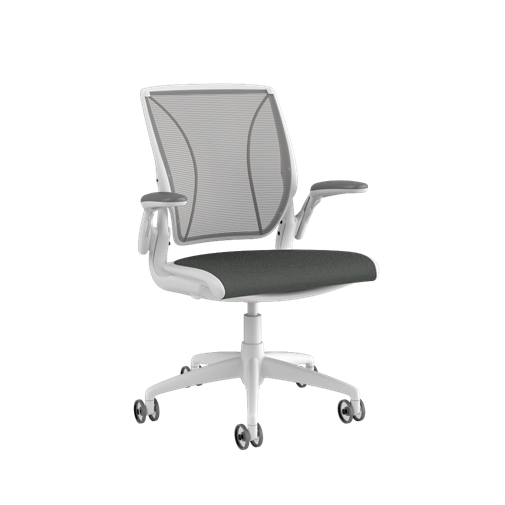 Diffrient World-Stuhl, Rückenlehne in Pinstripe White, Sitzfläche in Oxygen Revive